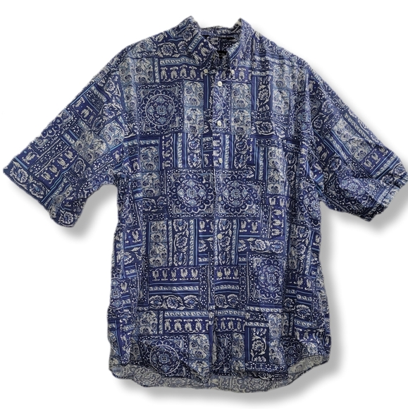 🌸3/$15 Nautica Blue Paisley Bandana Print Casual Button Down Short Sleeve Shirt - Picture 1 of 6
